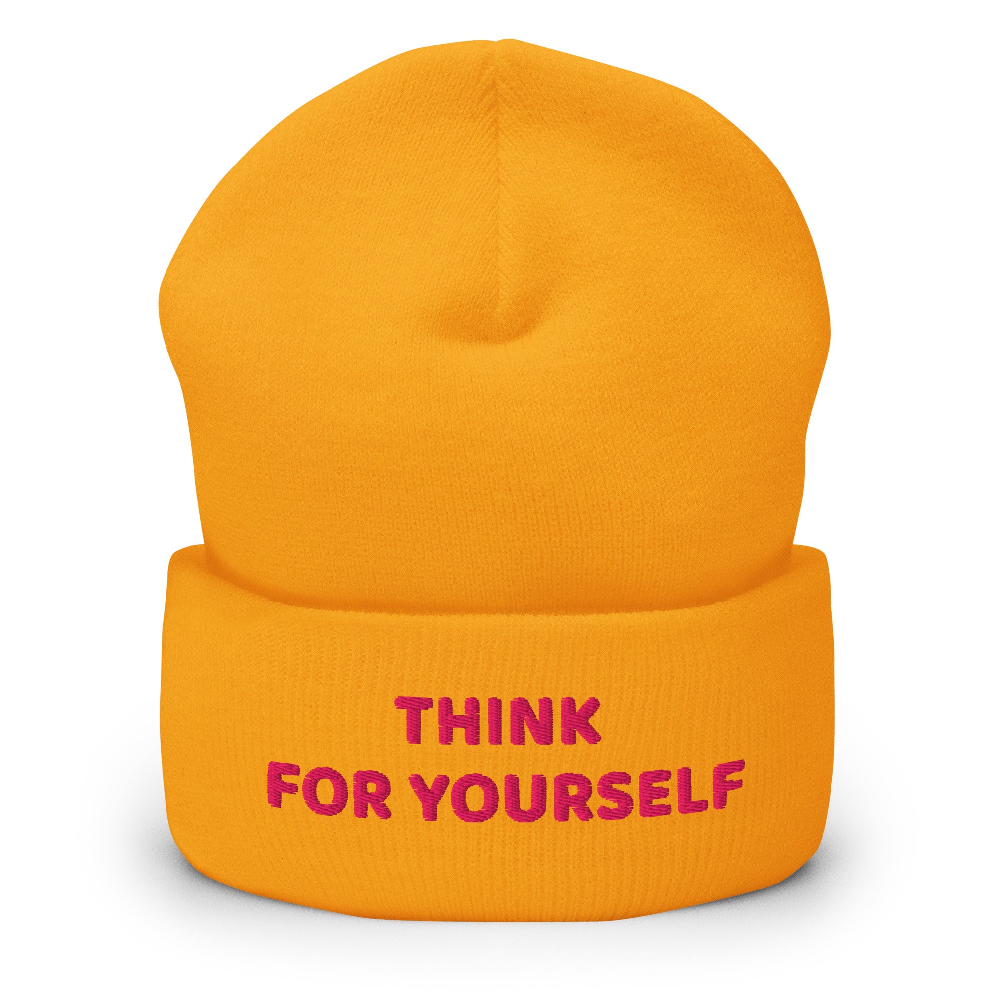 Gold embroidered beanie with the phrase “Think for yourself” in pink text made by pepa de mango
