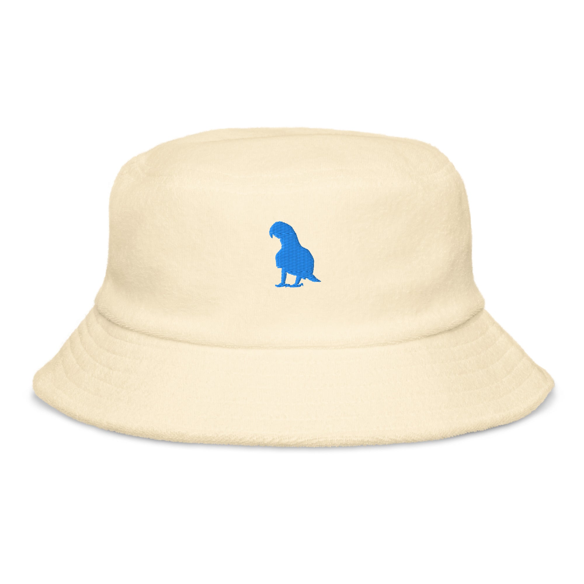 Yellow organic cotton bucket hat with blue parrot embroidery by Pepa de Mango, unisex summer accessory, beachwear style