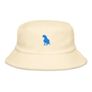 Yellow organic cotton bucket hat with blue parrot embroidery by Pepa de Mango, unisex summer accessory, beachwear style