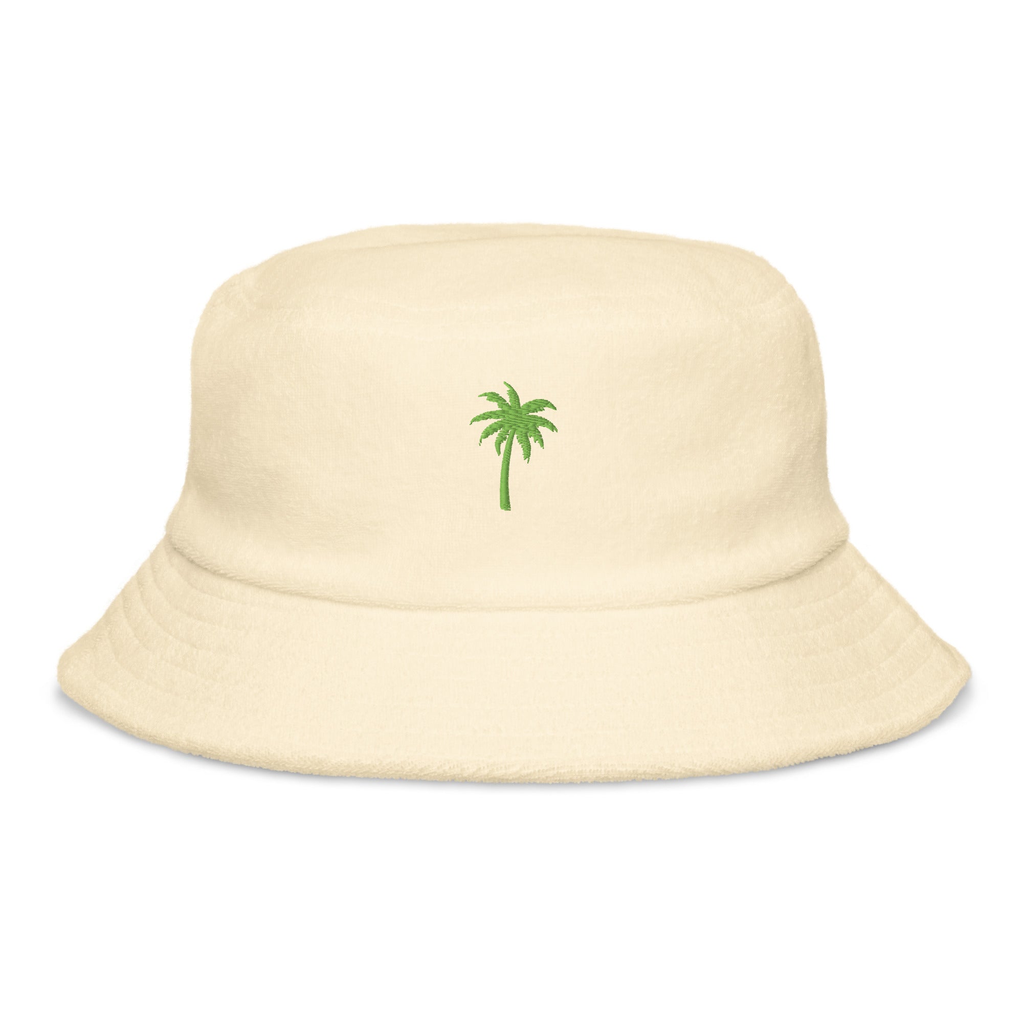 Front view of yellow organic cotton bucket hat by Pepa de Mango with green palm tree embroidery, unisex summer fashion accessory