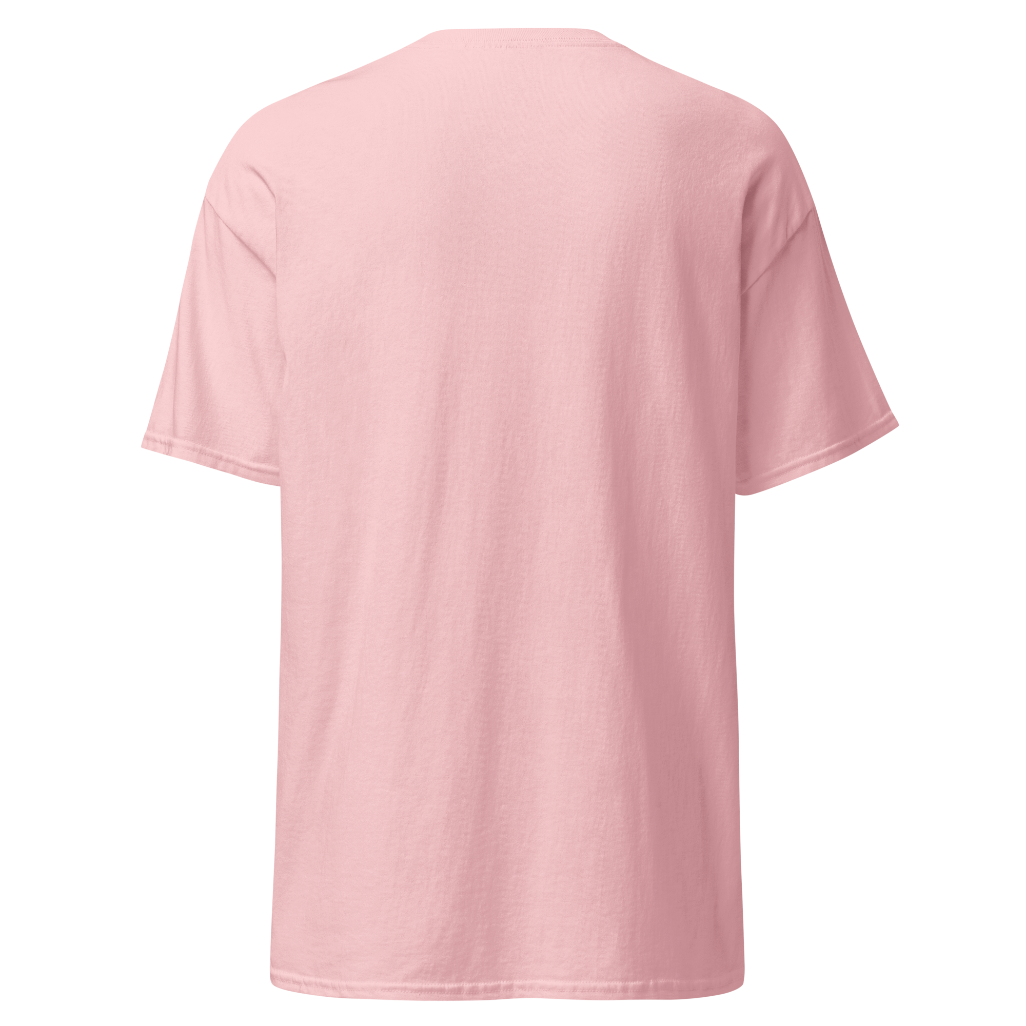 Back view of a unisex light pink statement t-shirt by Pepa de Mango. Clean back design with soft cotton fabric and relaxed silhouette.
