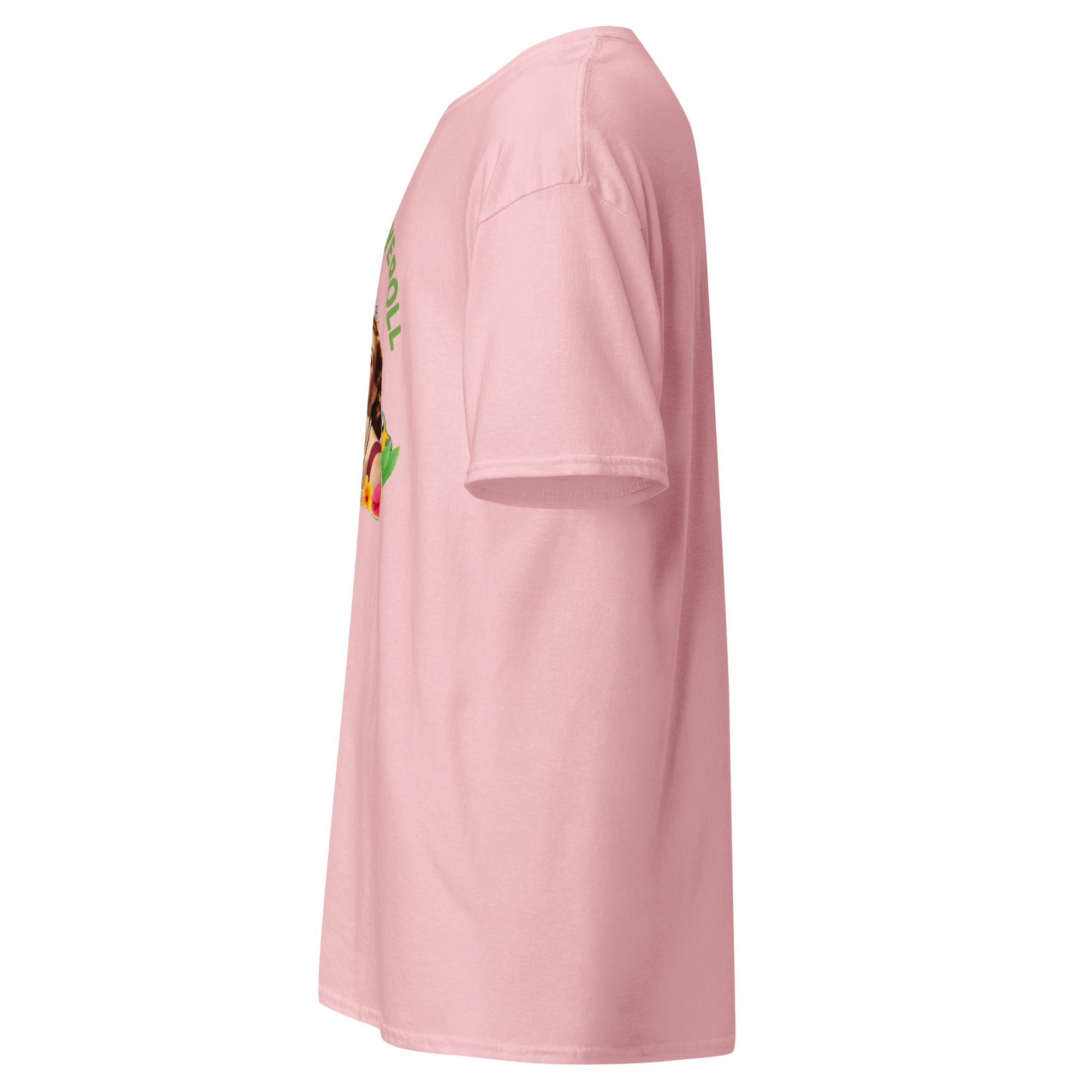 Left side view of a unisex light pink statement t-shirt by Pepa de Mango, featuring bold graphic art and sarcastic text. Soft cotton fabric and relaxed fit. 