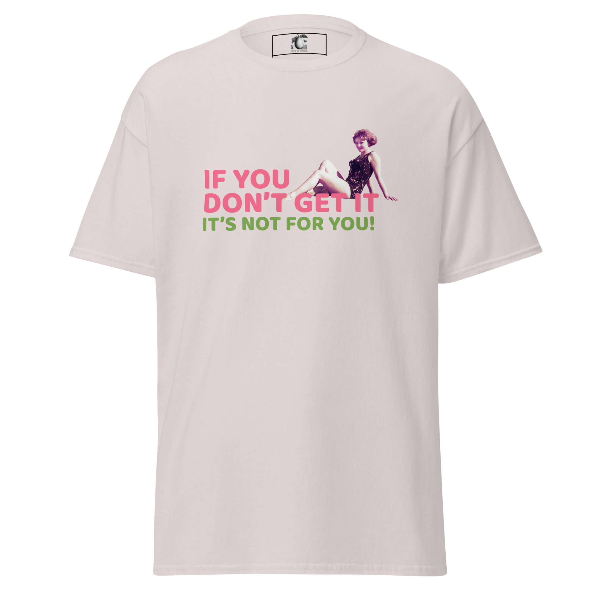 White t-shirt with graphic and text on a white background