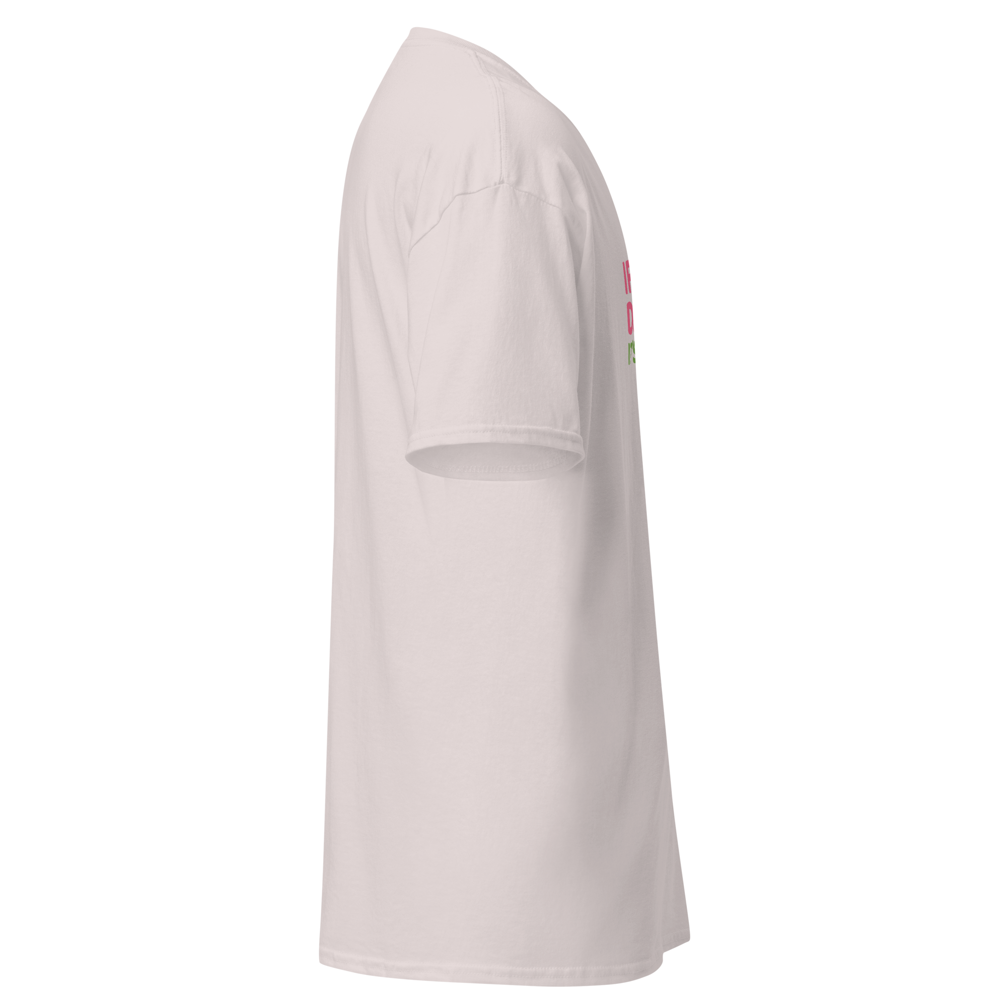 Light pink t-shirt with a small graphic on the chest against a white background