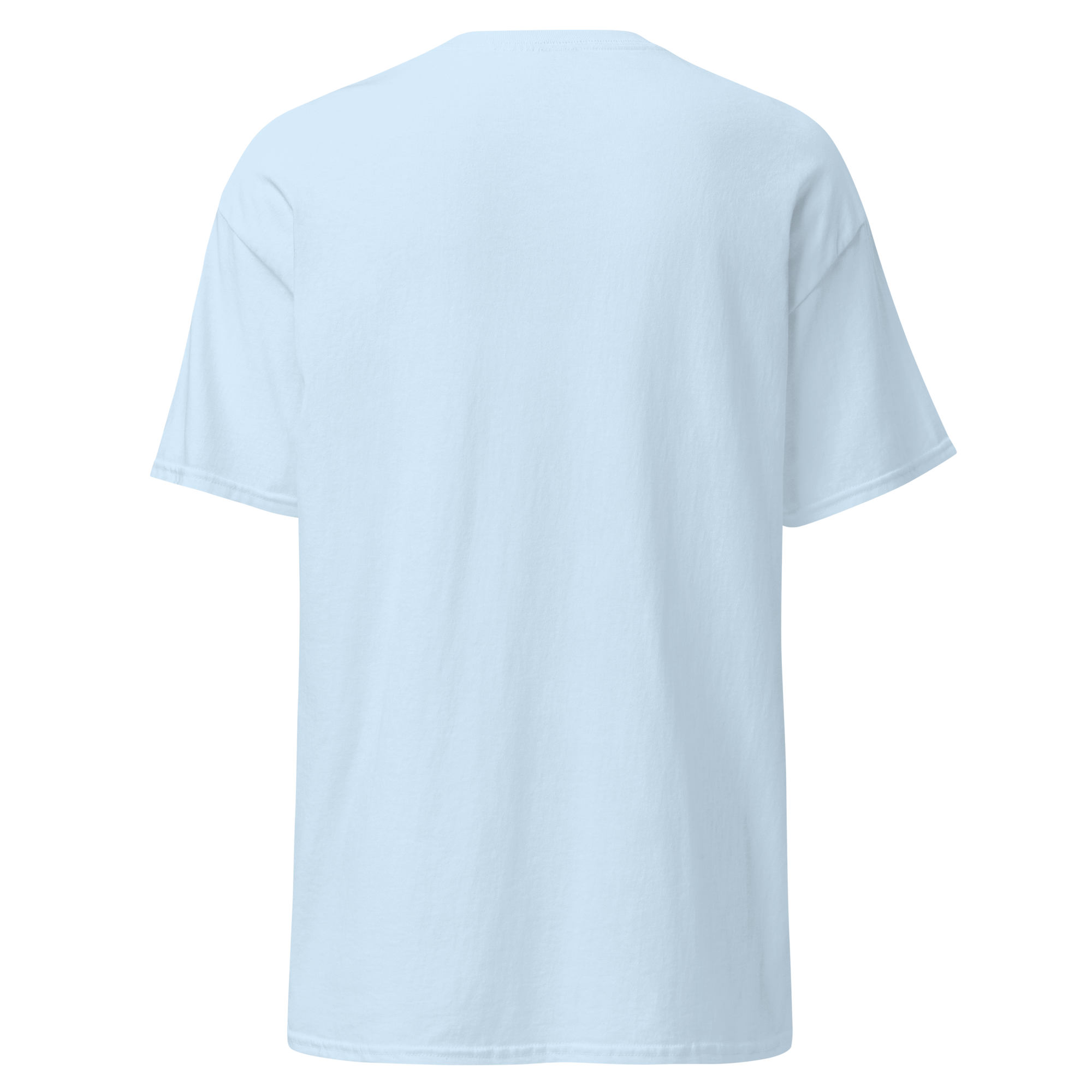 Back view of a light blue unisex statement t-shirt by Pepa de Mango. The fabric appears soft with a smooth surface and a relaxed fit. No visible print or design on the back side, showcasing the plain color and classic cut. Image shown on a transparent background.