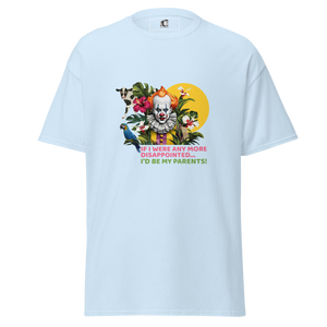 Front view of a light blue unisex short sleeve statement t-shirt by Pepa de Mango, featuring a relaxed fit, crew neckline, and soft cotton fabric. Part of the front print is visible, showing the edge of a bright yellow sun, floral elements, and the bold pink and orange sarcastic quote. Displayed on a transparent background.