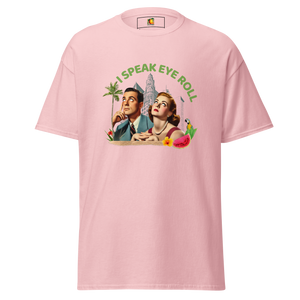 Light pink unisex t-shirt, front view, with a vintage-style print of a man and woman surrounded by colorful flowers and the text "I Speak Eye Roll", design made by pepa de mango
