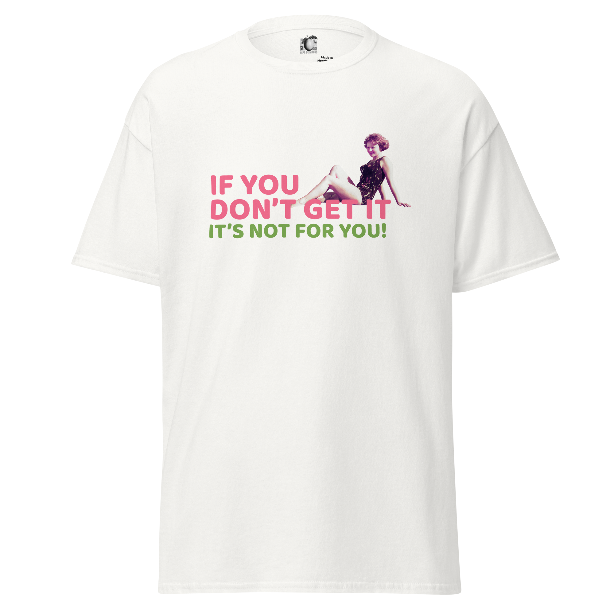 White t-shirt with graphic and text on a white background