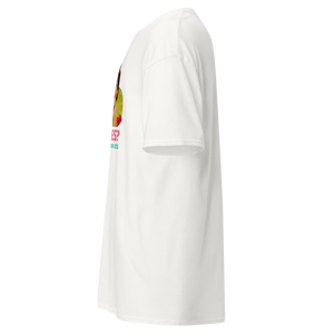 Right side view of a white unisex short sleeve statement t-shirt made of cotton, featuring a clean side profile with a portion of the colorful front print slightly visible at the seam. The t-shirt has a relaxed fit, classic crew neck, and soft fabric texture, photographed against a transparent background.
