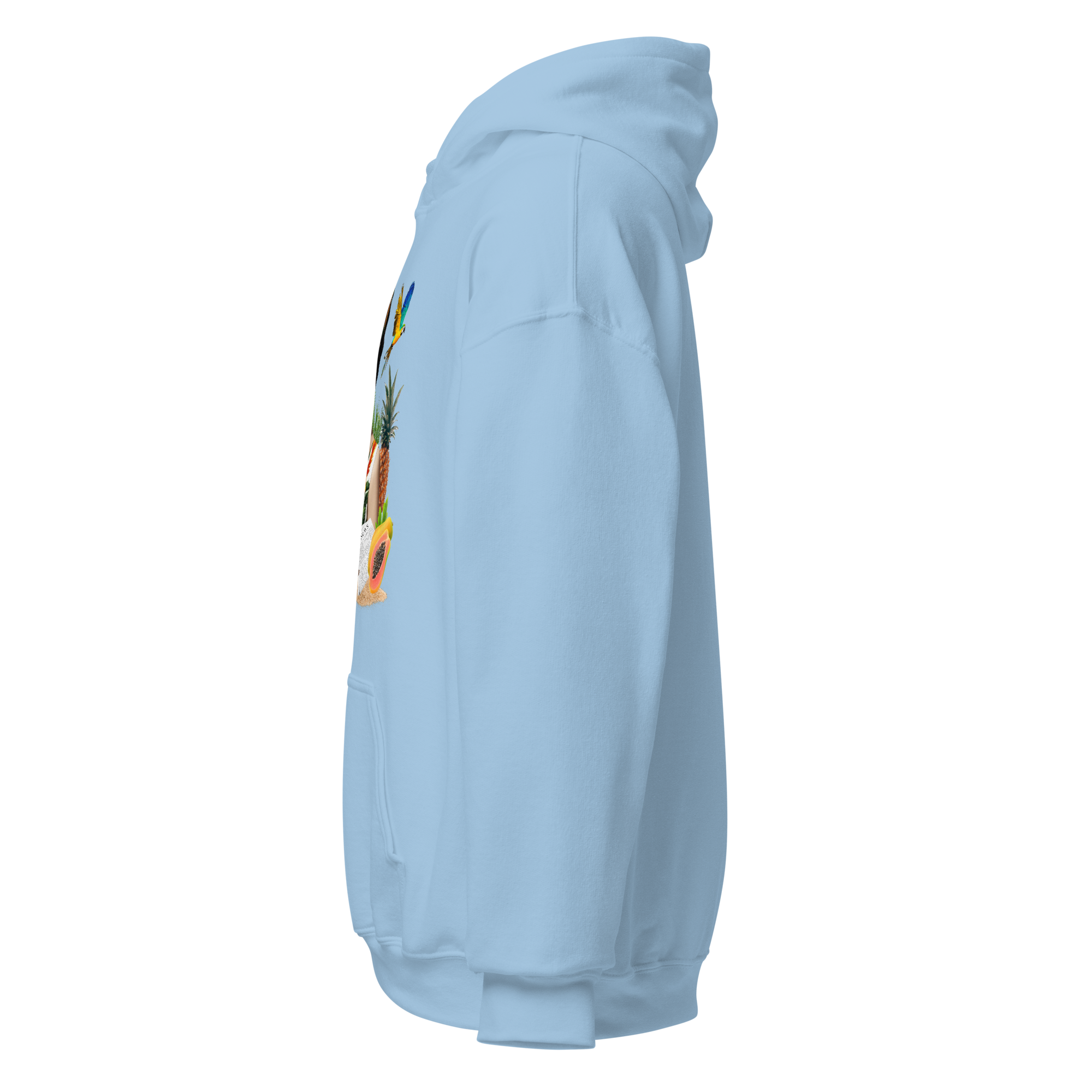 Light blue hoodie, right side view, showing tropical vintage collage design with woman, fruits, parrot, and suitcase design by pepa de mango