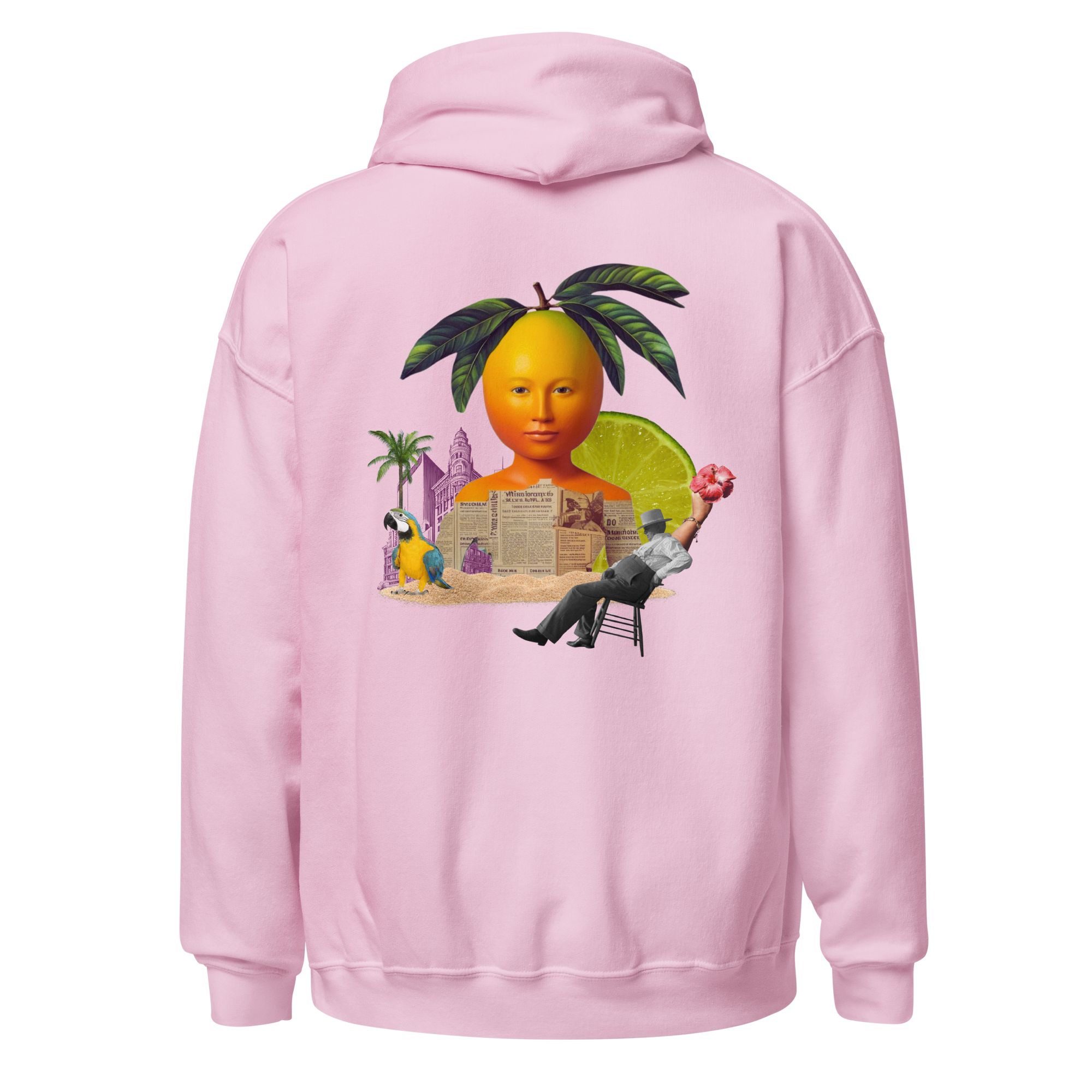 Light pink hoodie, back view, surreal tropical artwork with a yellow head topped by palm leaves, parrot, lime slice, vintage newspaper, and relaxed character in a chair, design made by pepa de mango