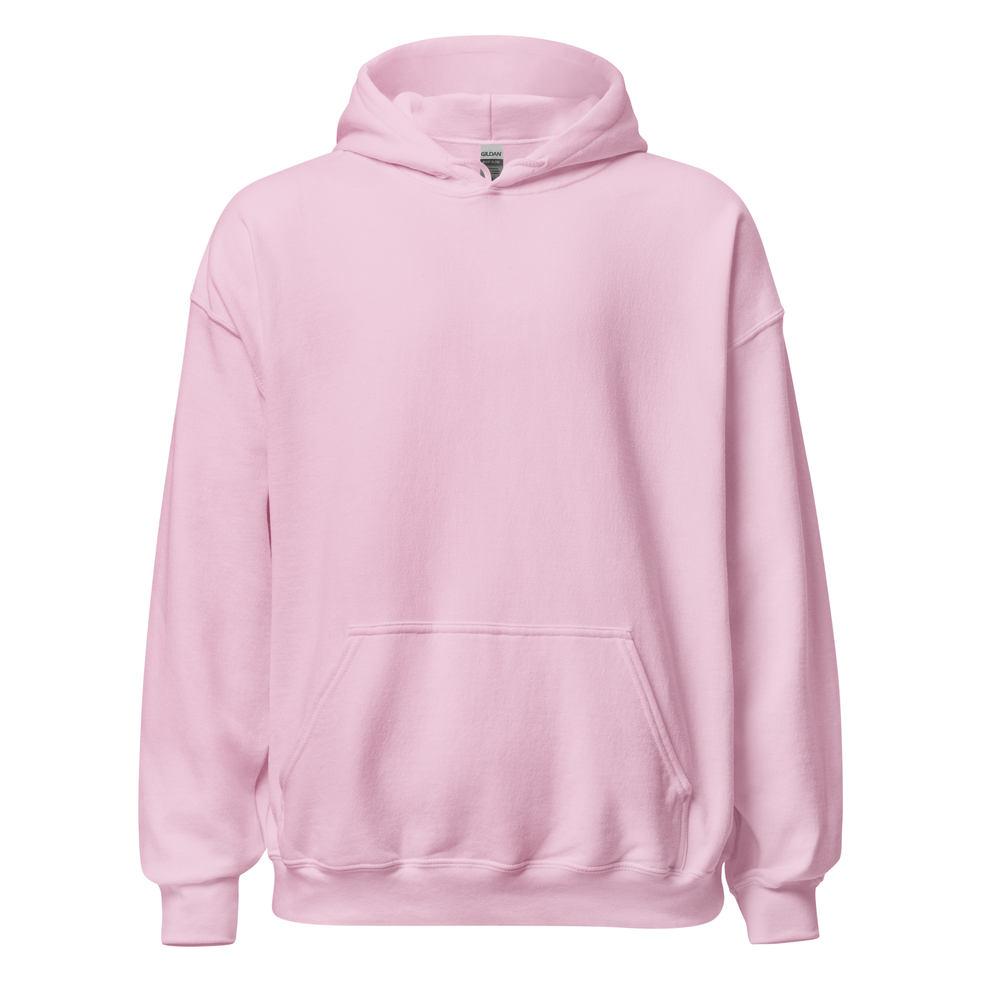 Light pink unisex hoodie, front view, plain design with kangaroo pocket and adjustable hood, by pepa de mango. 