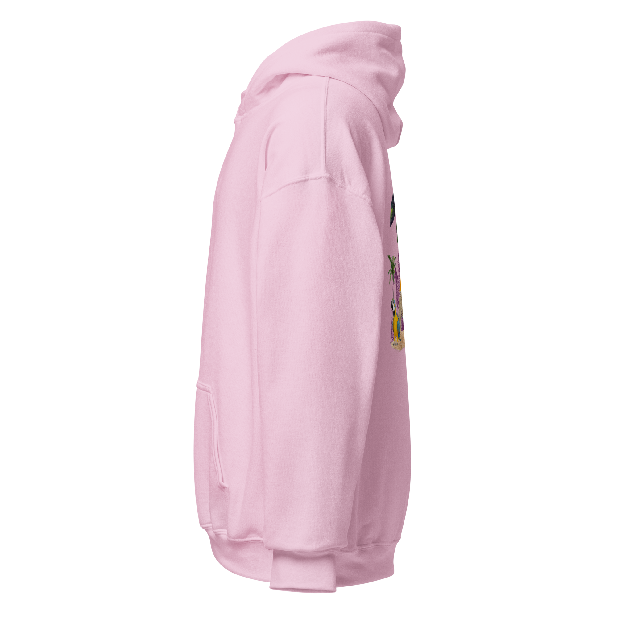 Light pink hoodie, left side view, surreal tropical design with palm leaves, parrot, citrus slice, and abstract yellow face artwork partially visible, design made by pepa de mango