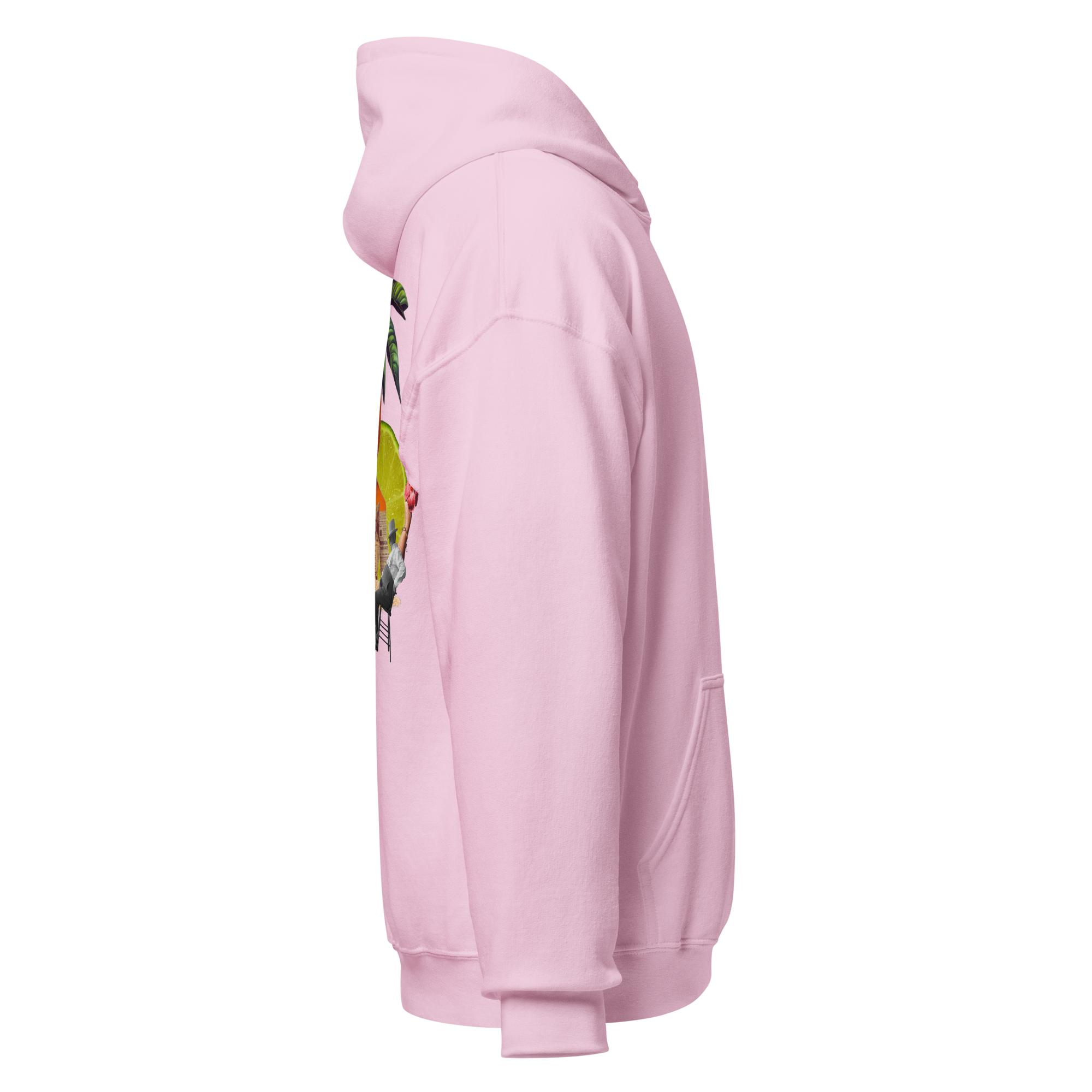 Light pink hoodie, right side view, surreal tropical design with abstract yellow face, palm leaves, citrus slice, and parrot artwork partially visible design made by pepa de mango