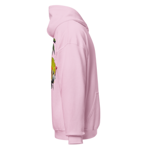 Light pink hoodie, right side view, surreal tropical design with abstract yellow face, palm leaves, citrus slice, and parrot artwork partially visible design made by pepa de mango
