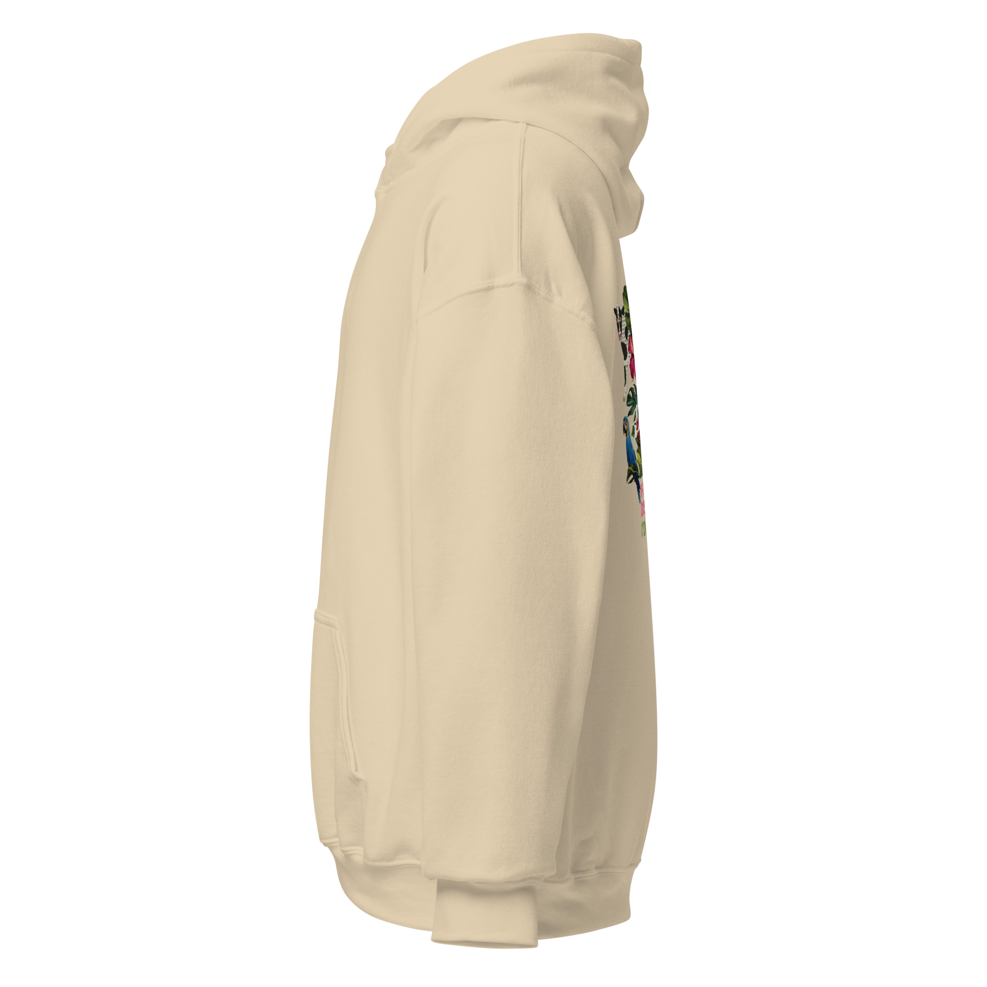 Sand color unisex hoodie, left side view, tropical clown design partially visible on the back, design by pepa de mango. 