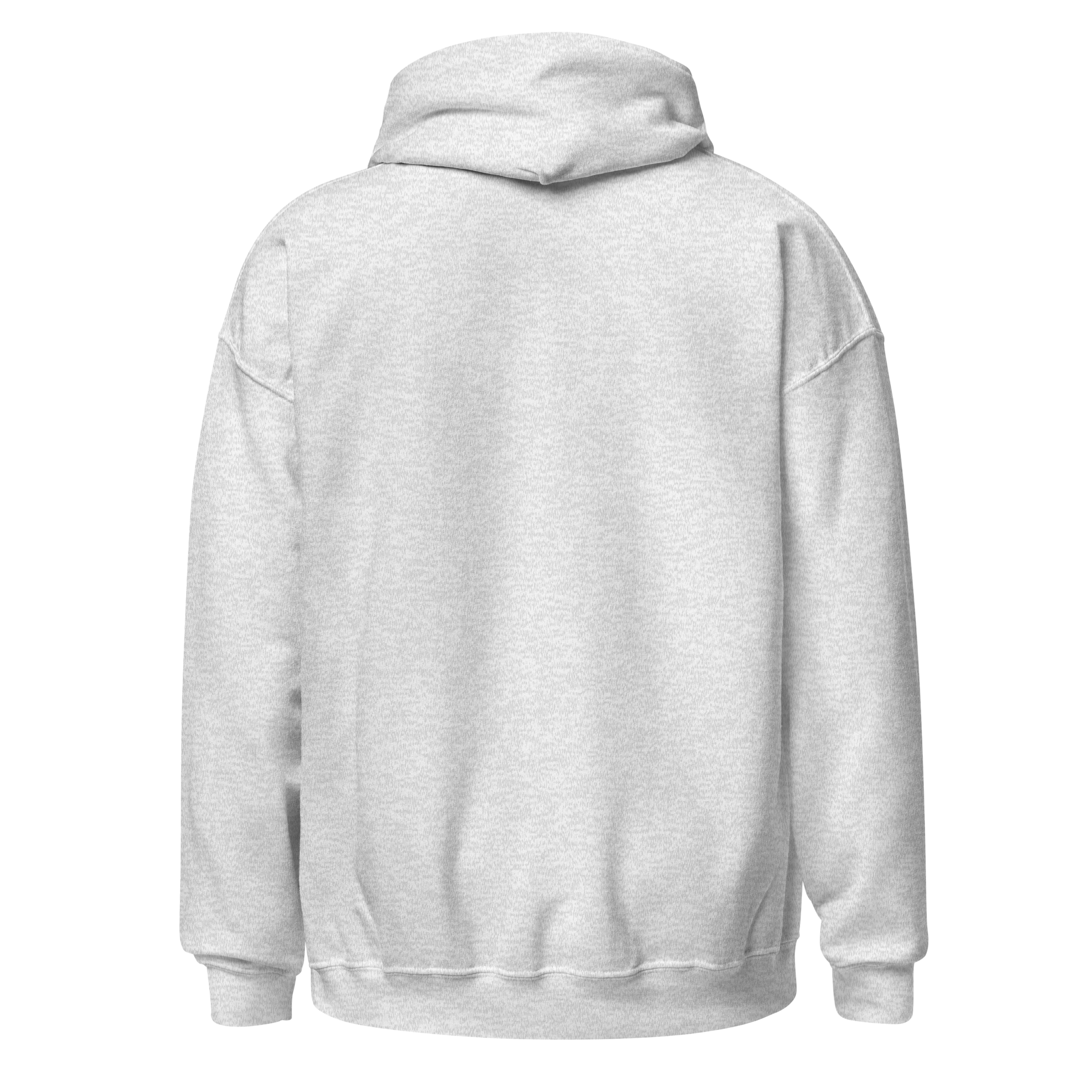 Back view of ash grey unisex hoodie with no visible print or design