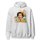 Front view of ash grey unisex hoodie with vintage collage of smiling woman, flamingo, palm trees, and tropical parrot