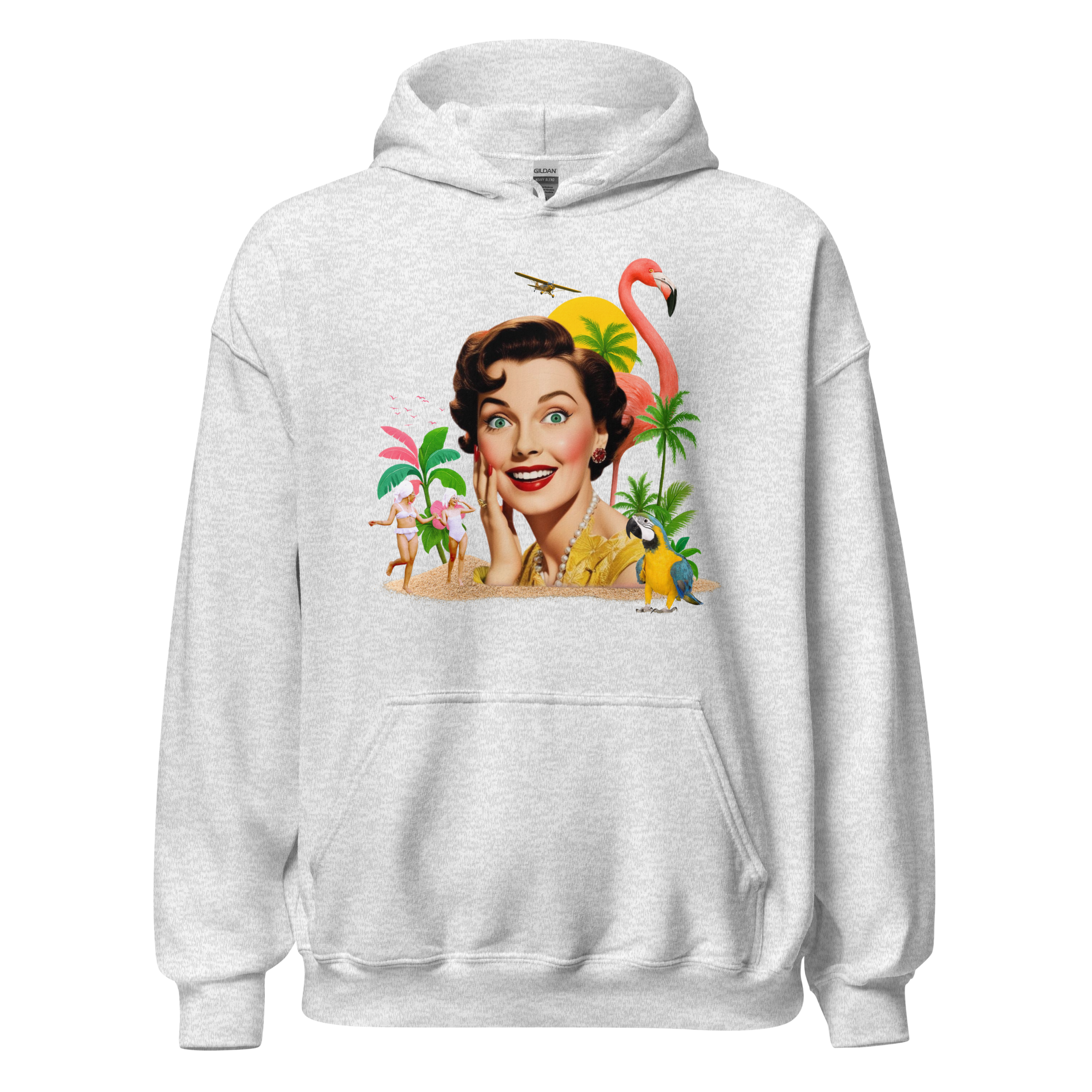 Front view of ash grey unisex hoodie with vintage collage of smiling woman, flamingo, palm trees, and tropical parrot