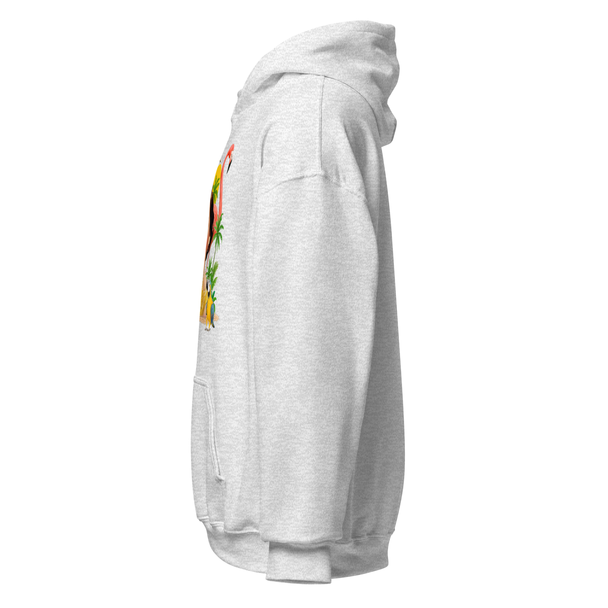 Left side view of ash grey unisex hoodie showing partial vintage collage with flamingo, palm trees, and parrot
