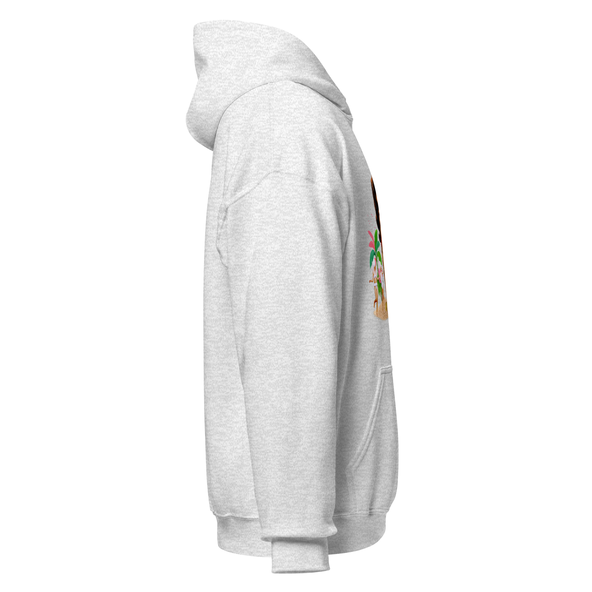 Right side view of ash grey unisex hoodie showing partial vintage-style graphic with woman, palm trees, and parrot