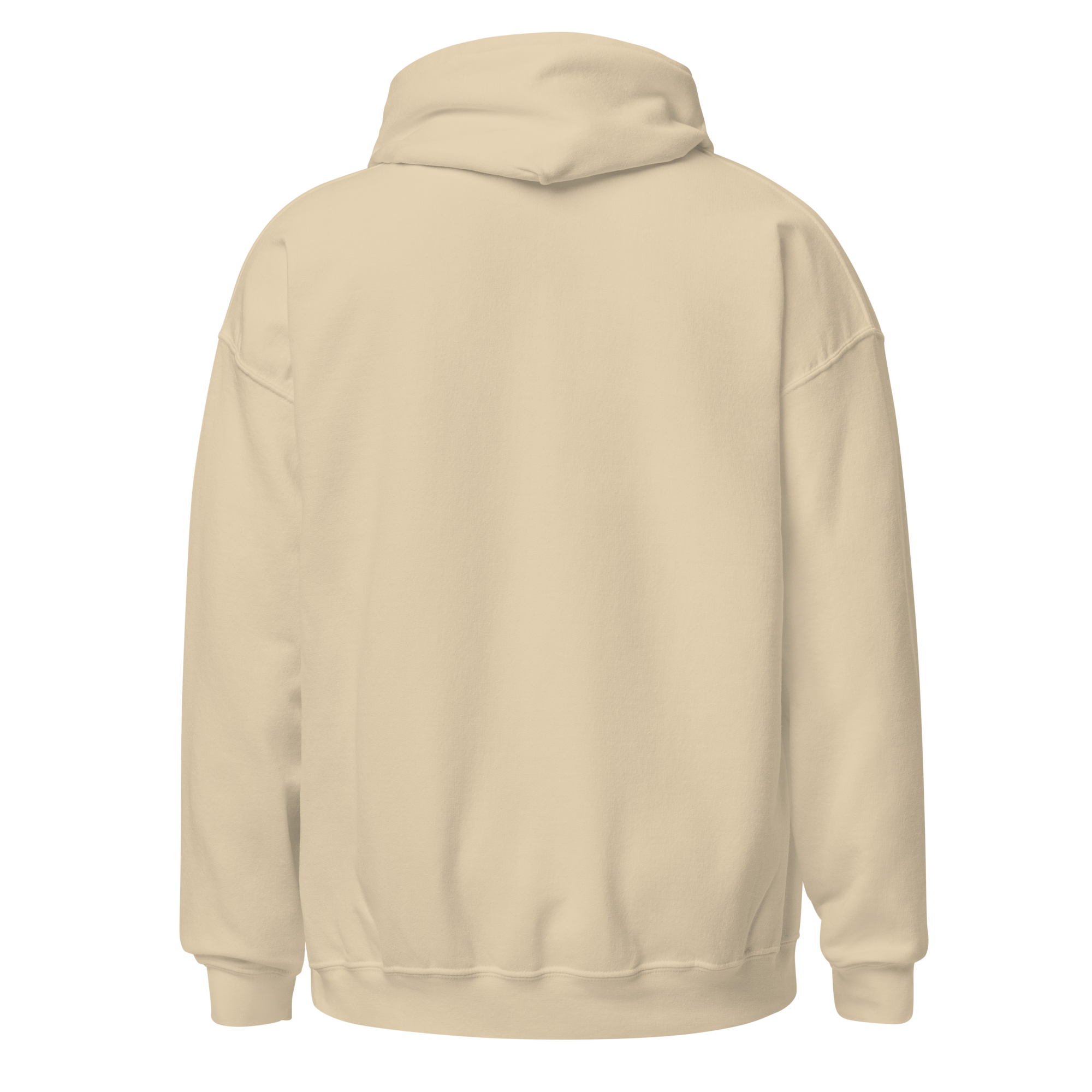 Back view of beige unisex hoodie with no visible print or design
