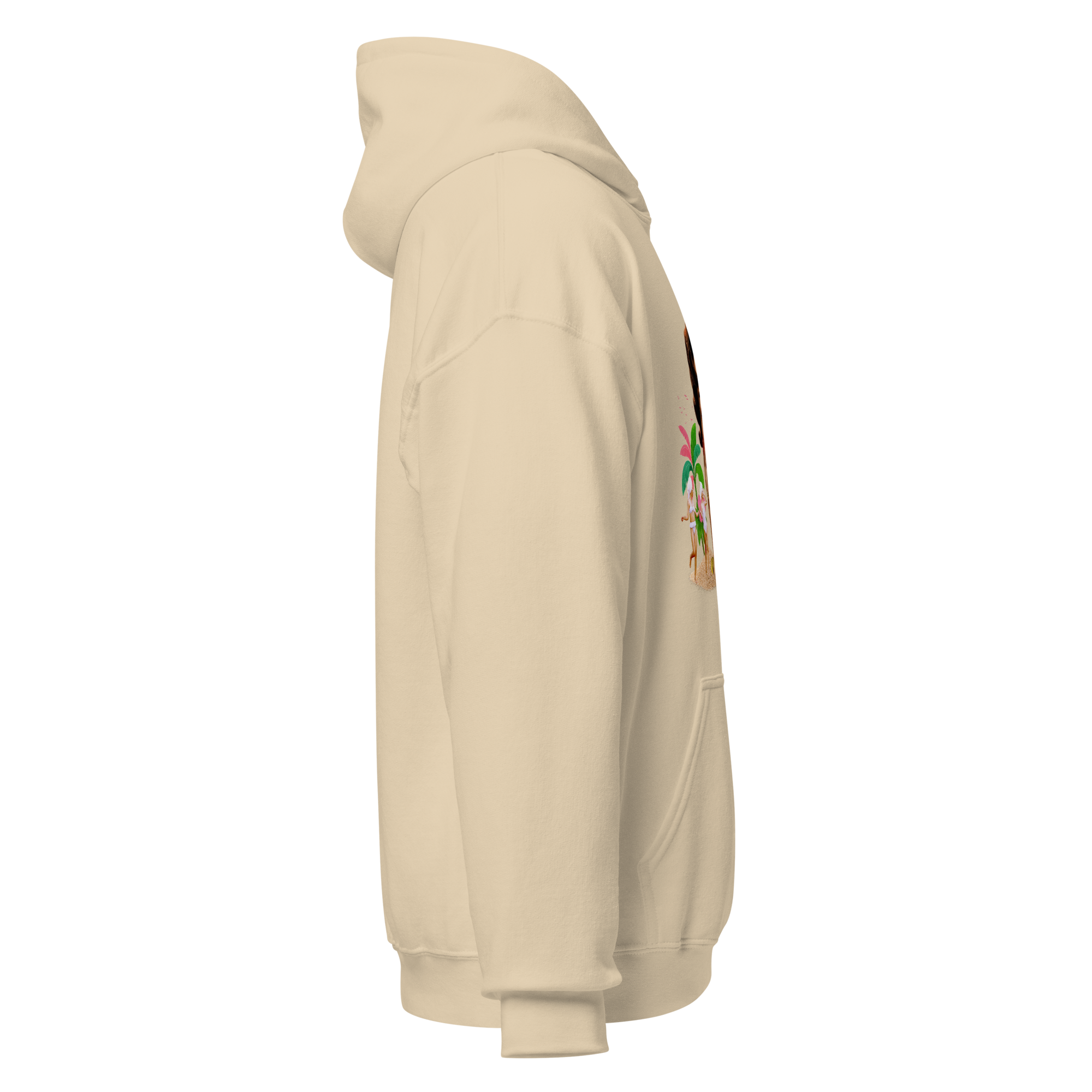 Right side view of beige unisex hoodie showing partial vintage collage with tropical trees and woman's face