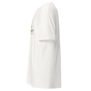 Left side view of the Pepa de Mango white unisex t-shirt, showing a partial glimpse of the "HAVE A THOUGHT" graphic wrapping around the front.