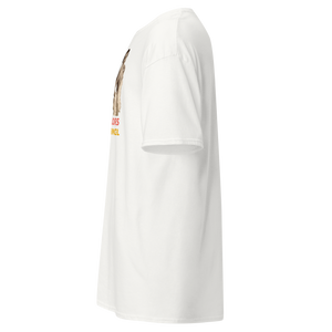 Left side view of a white unisex statement t-shirt by Pepa de Mango. The t-shirt features a retro female figure and the bold sarcastic phrase: "IF SARCASM BURNED CALORIES I'D BE A SUPERMODEL" in red, pink, and yellow text. Classic crew neck, short sleeve, displayed on a transparent background.