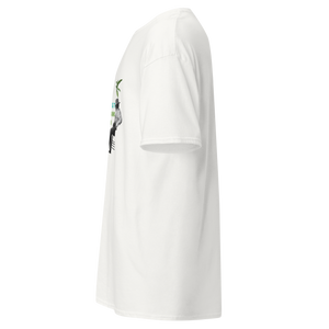 Left side view of a white unisex t-shirt by Pepa de Mango. Part of a vintage collage with a seated man and palm tree is slightly visible from this angle.