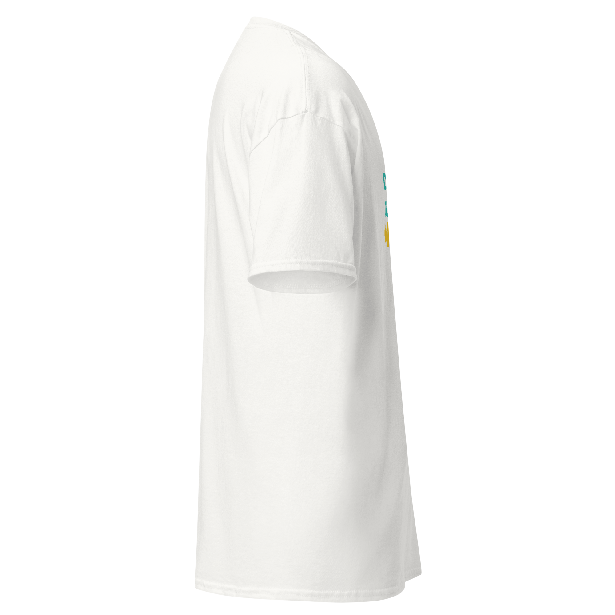 Right side view of a white unisex statement t-shirt by Pepa de Mango, partially revealing the colorful typography of the phrase 'DRESSED TO IMPRESS MYSELF'. Bold and stylish.