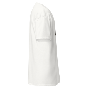 Right side view of a white unisex t-shirt by Pepa de Mango showing the continuation of the design with a vintage couple and the text "I HAVE ENOUGH SARCASM FOR BOTH OF US". Fun, bold, and expressive.