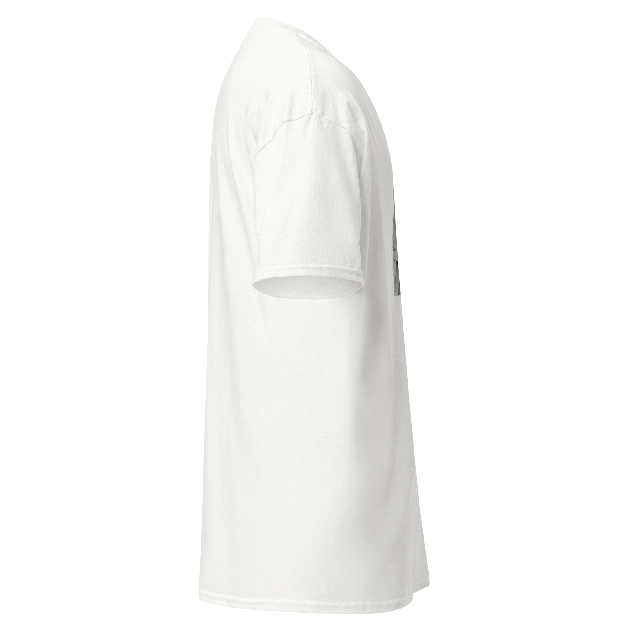 Right side view of the Pepa de Mango white unisex t-shirt, plain with minimal visibility of the front design.