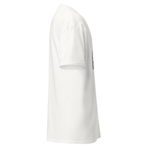 Right side view of the Pepa de Mango white unisex t-shirt, plain with minimal visibility of the front design.