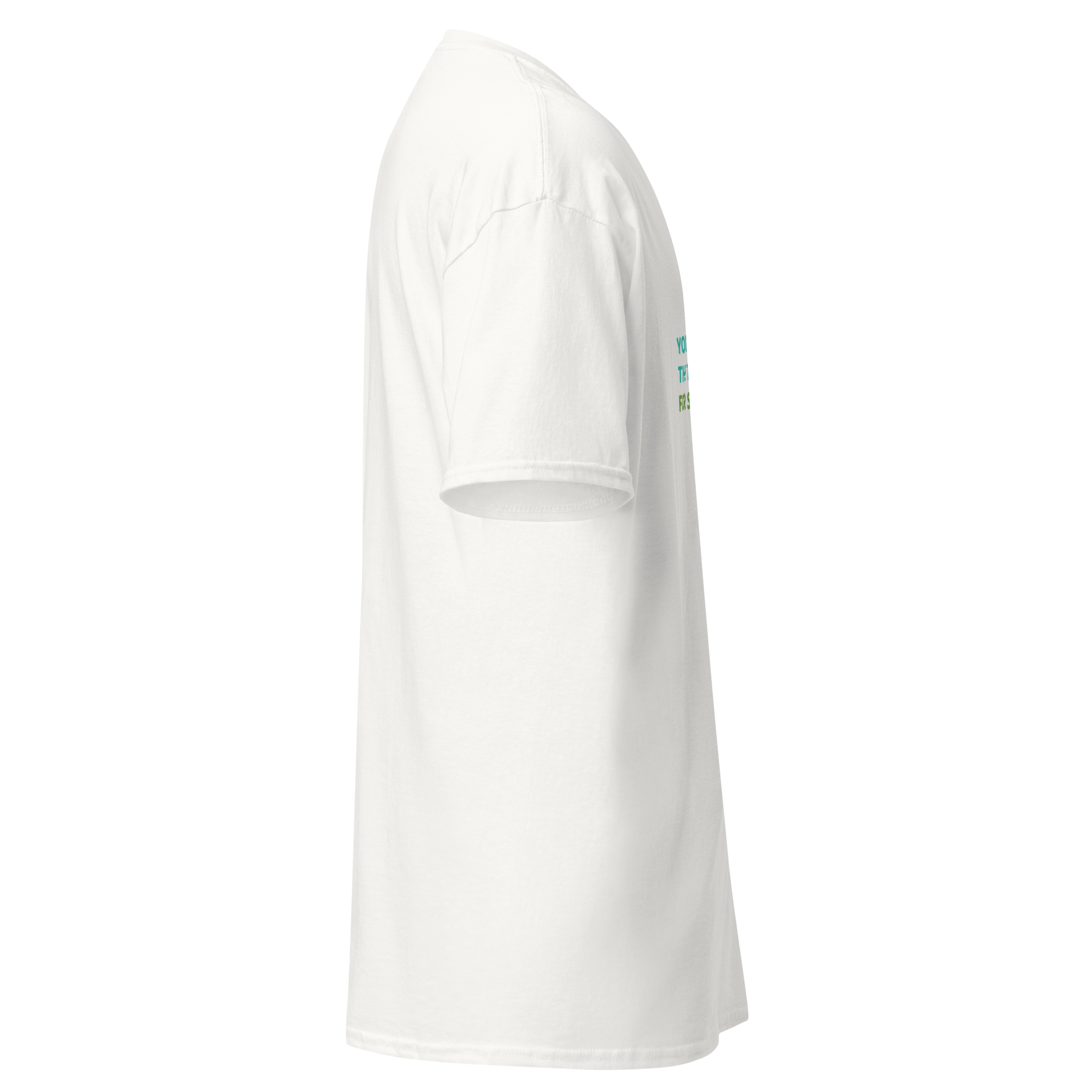 Right side view of a white unisex t-shirt by Pepa de Mango. Slight portion of green and black design peeks through from the front print.