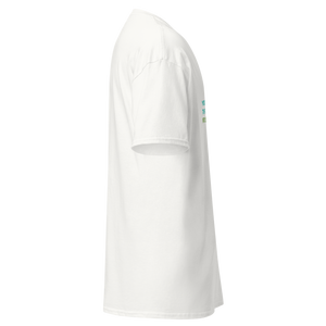 Right side view of a white unisex t-shirt by Pepa de Mango. Slight portion of green and black design peeks through from the front print.