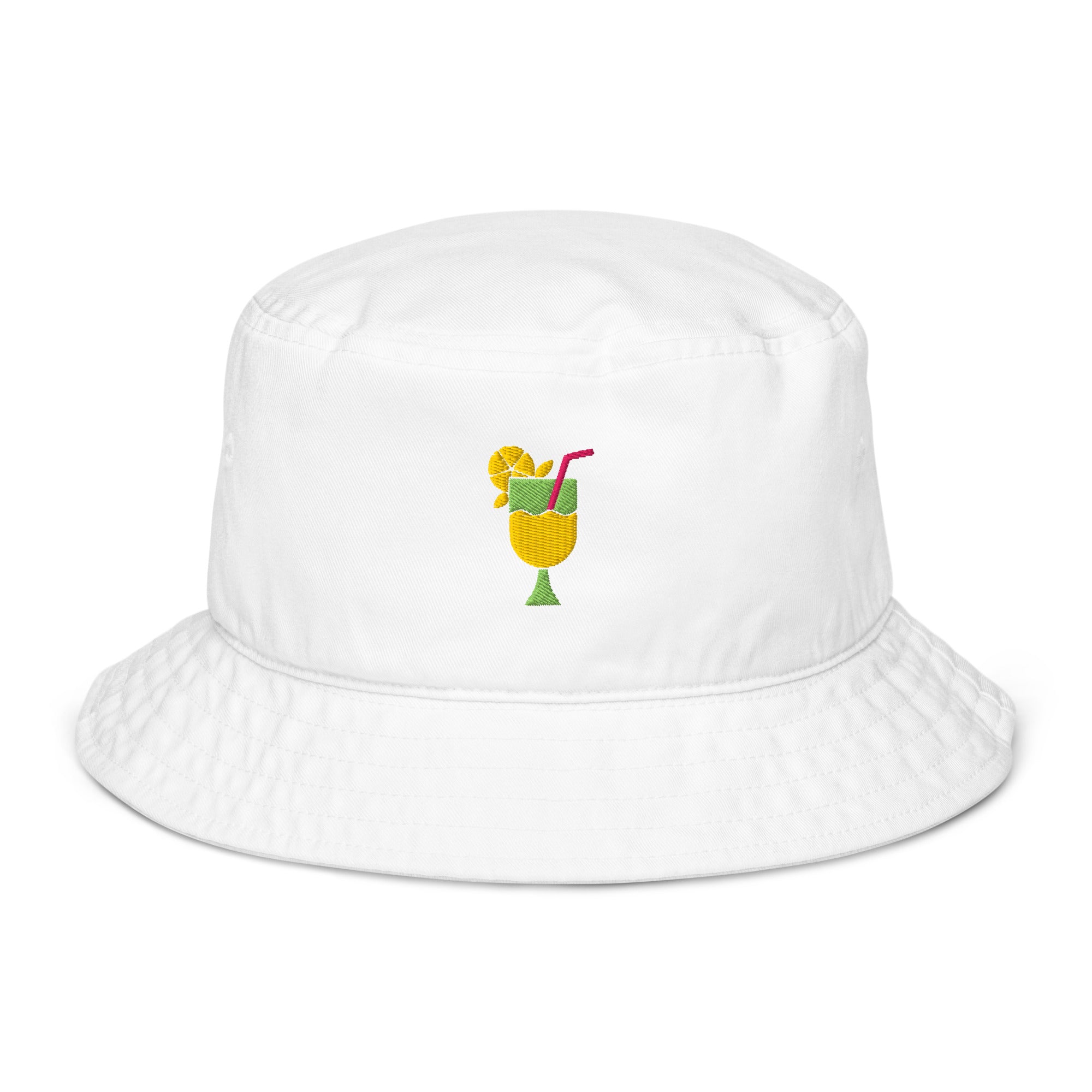 Front view of white organic cotton bucket hat with embroidered cocktail design – Pepa de Mango