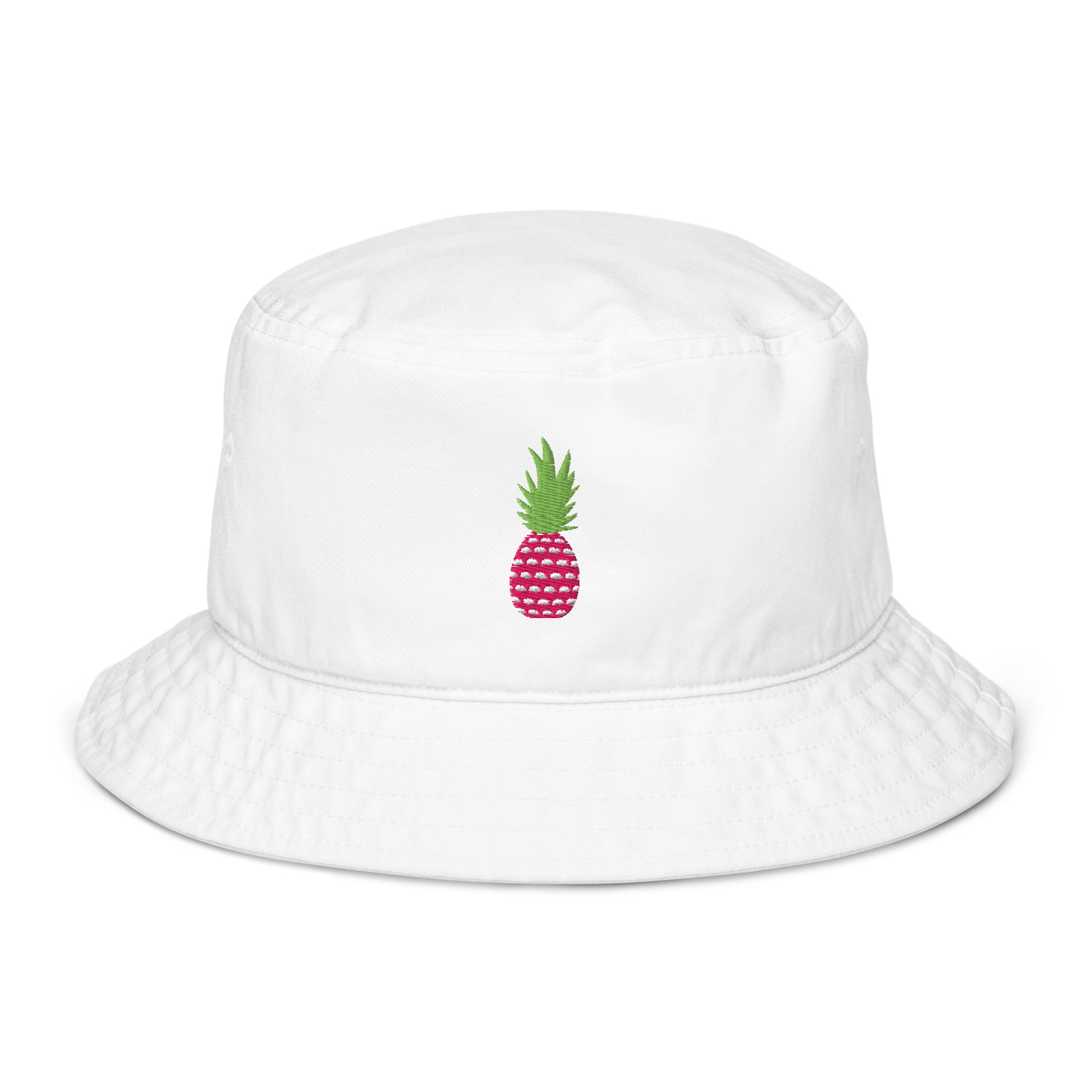 Front view of white organic cotton bucket hat with pink pineapple embroidery – Pepa de Mango